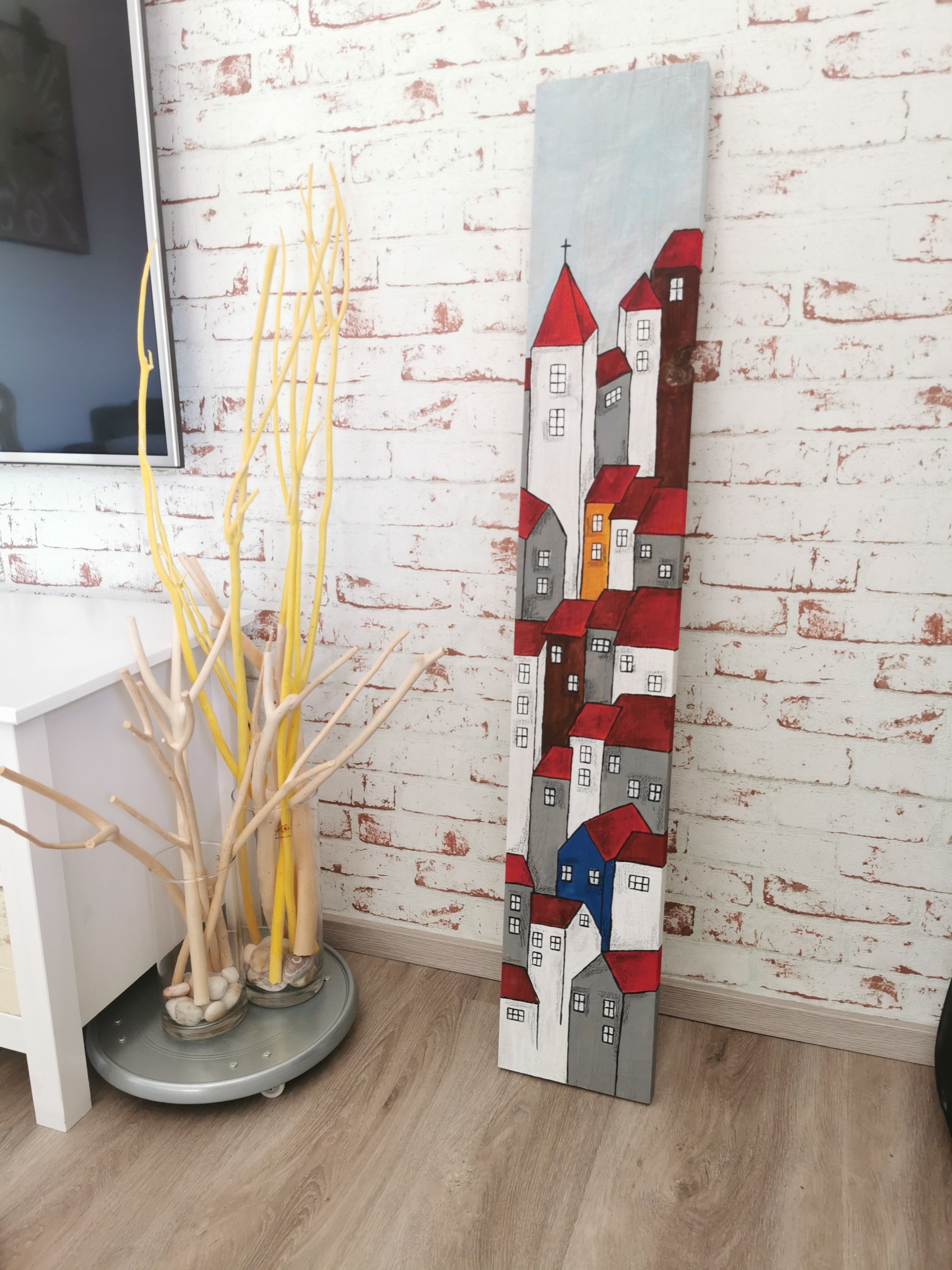 Velký dřevěný obraz s barevnými domečky