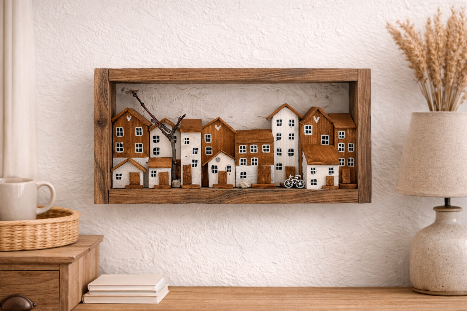 Alpské městečko – dřevěný obraz s domečky a kolem
