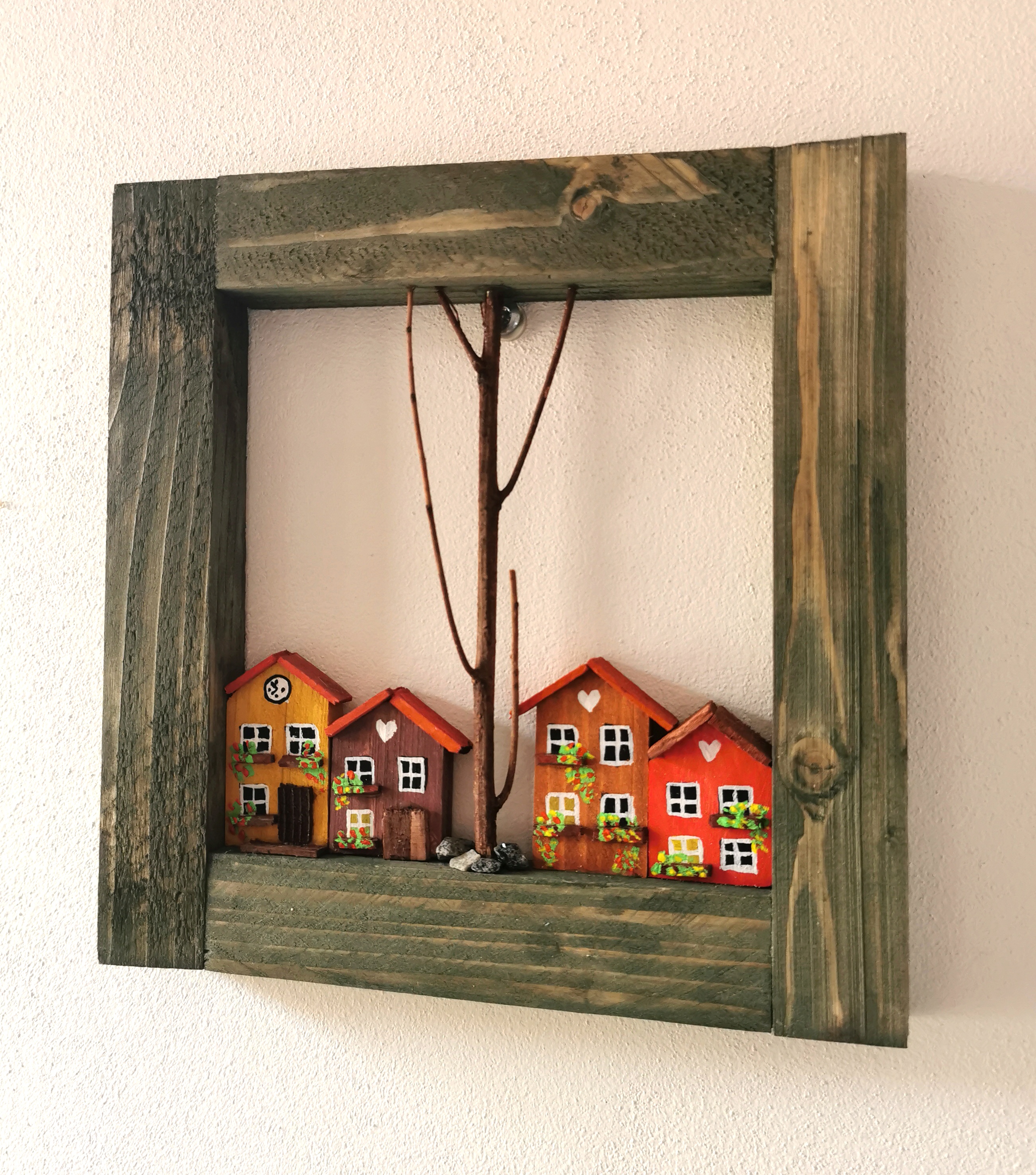 Dřevěný obrázek s domečky