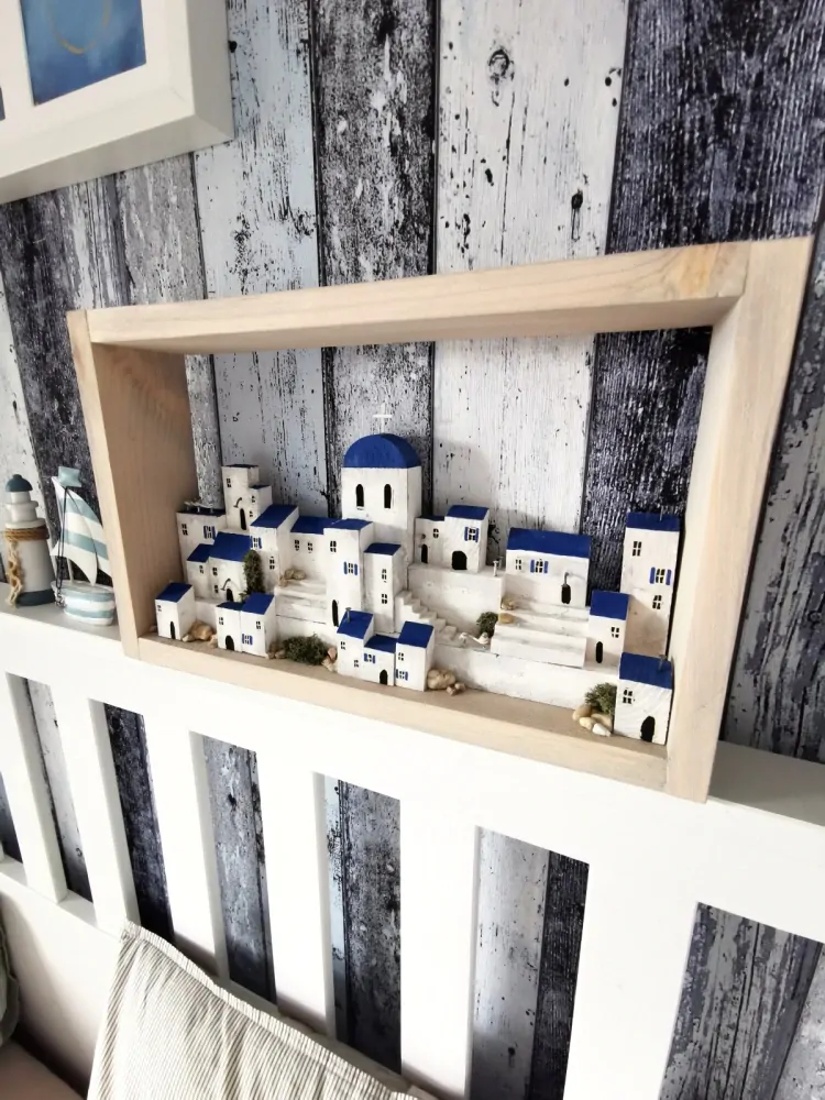 Dřevěný obraz s domečky - Řecká romance