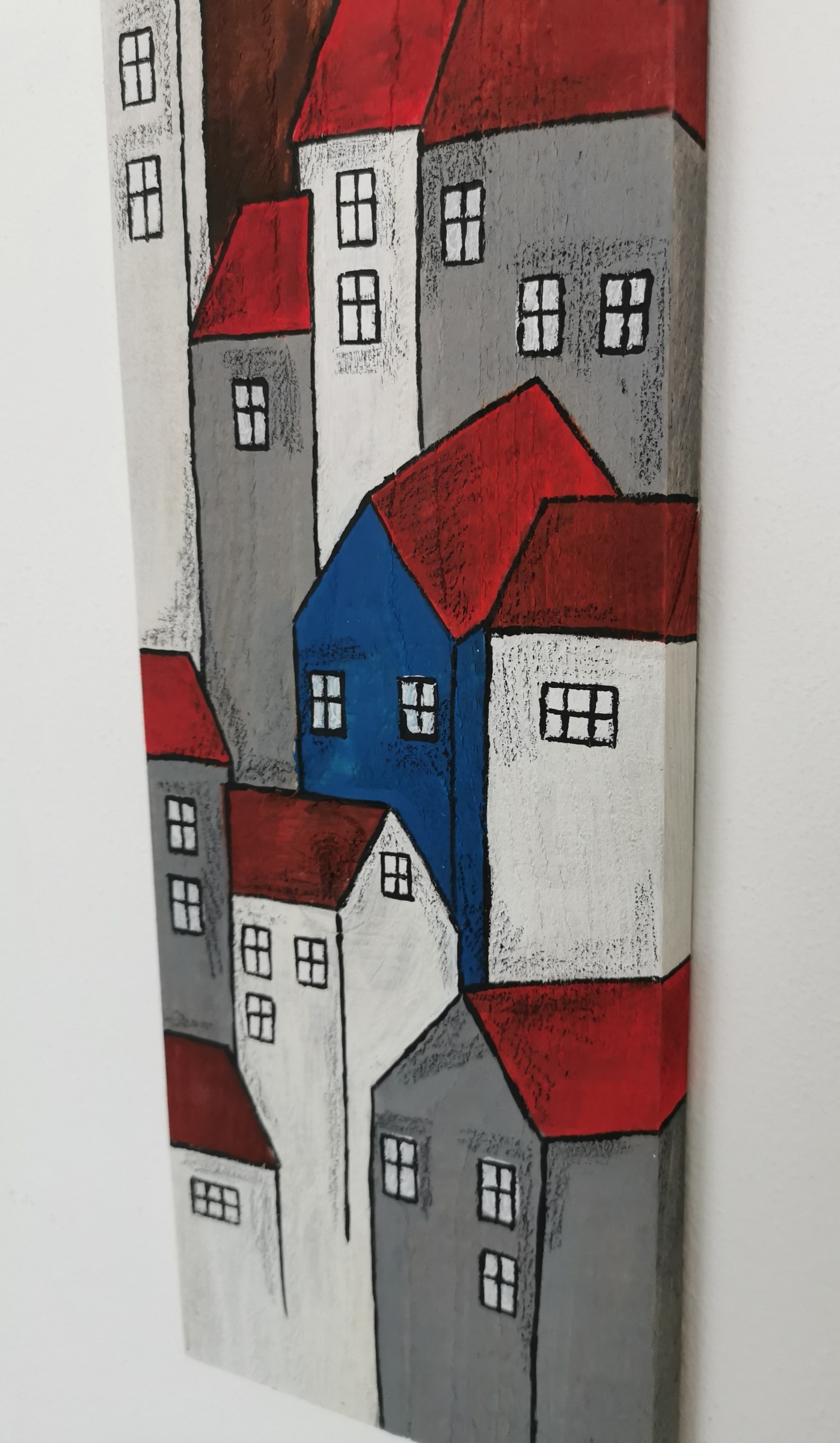 Velký dřevěný obraz s barevnými domečky