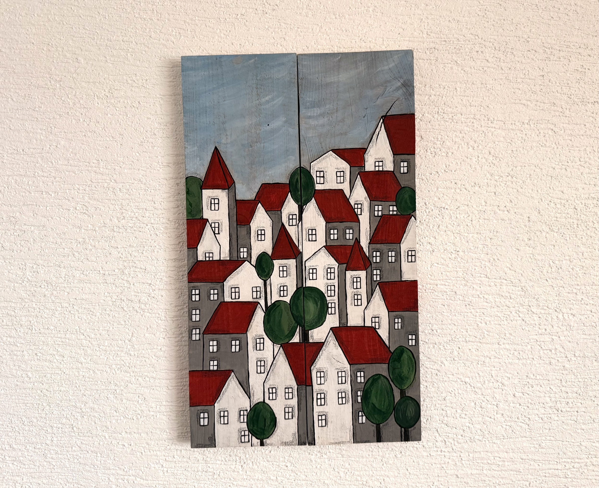 Dvoudílný dřevěný obraz – Městečko plné klidu