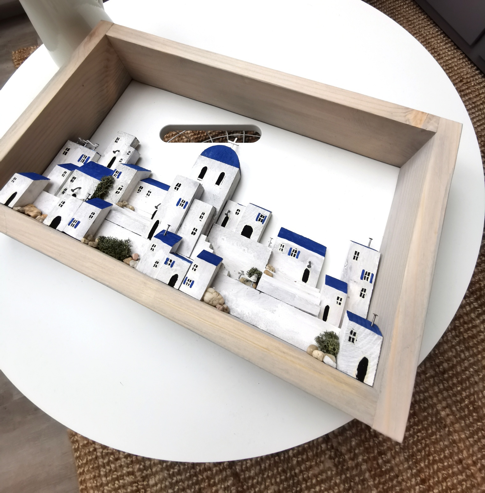 Dřevěný obraz s domečky - Řecká romance