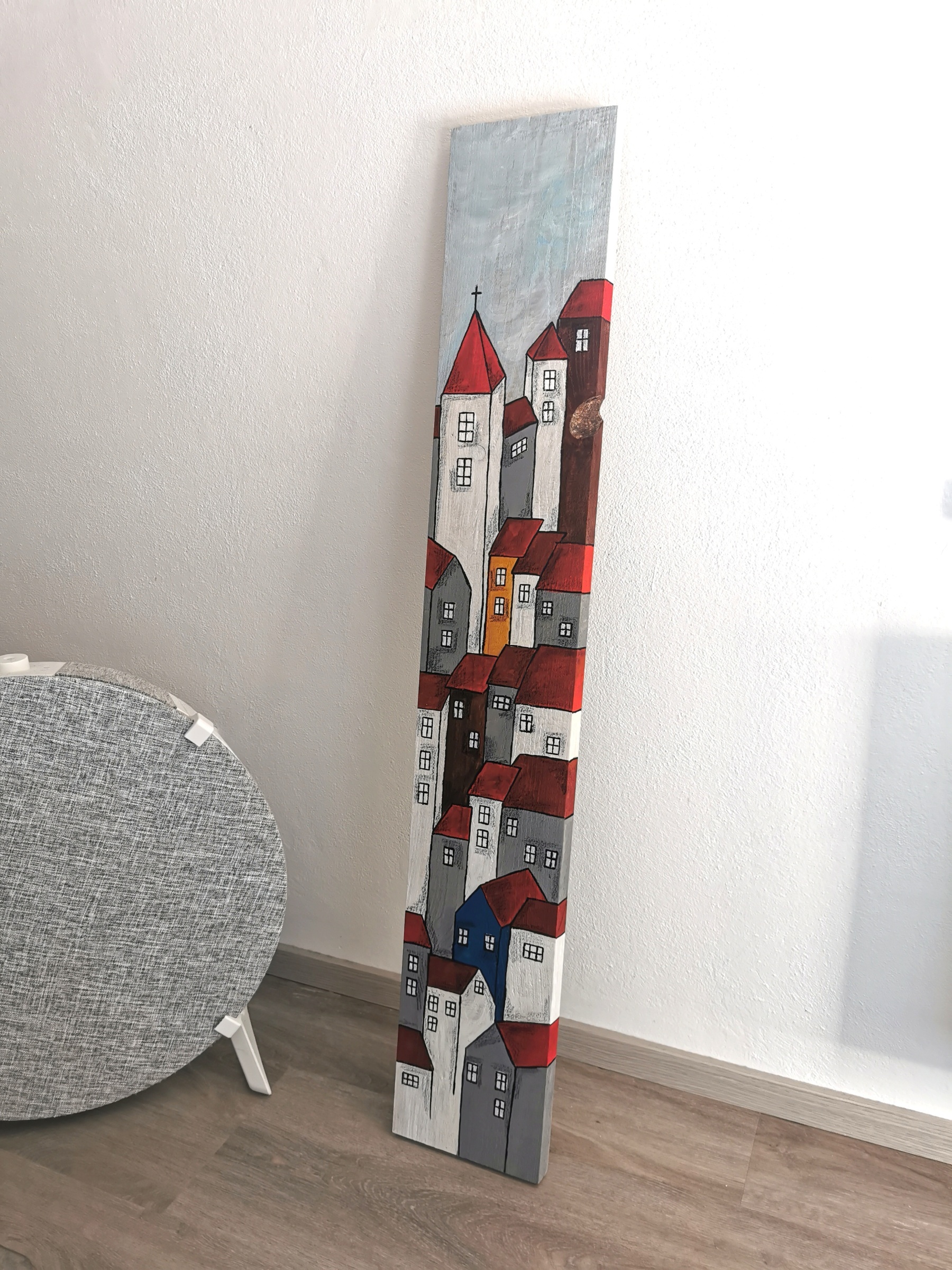 Velký dřevěný obraz s barevnými domečky