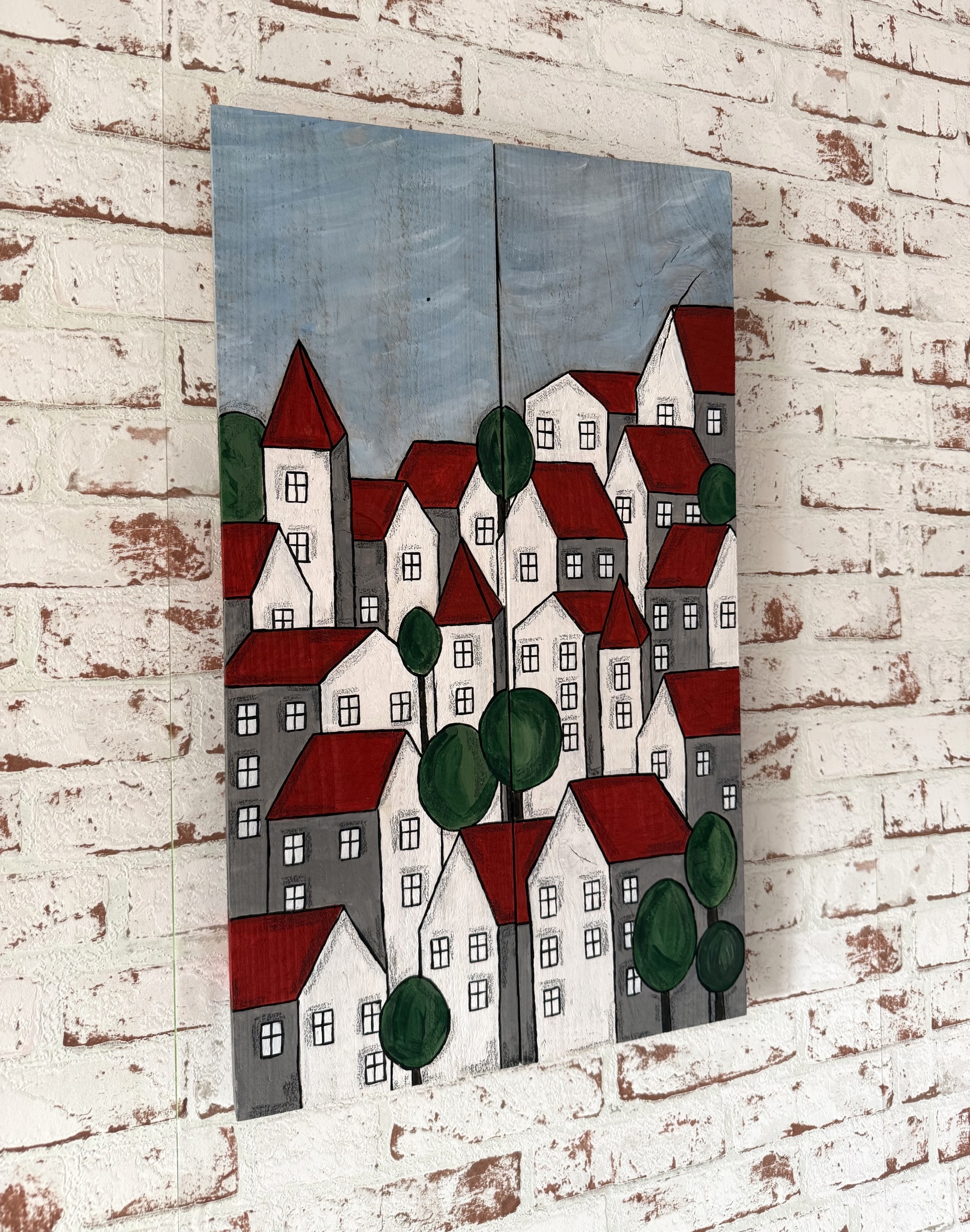 Dvoudílný dřevěný obraz – Městečko plné klidu