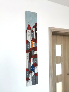 Velký dřevěný obraz s barevnými domečky