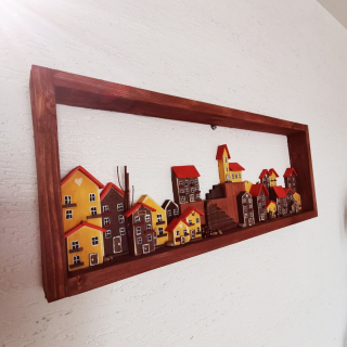 Dřevěný obraz s domky
