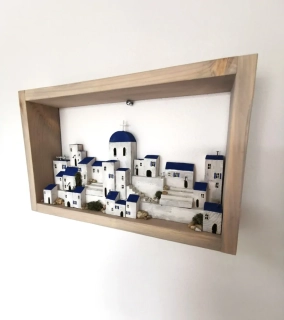 Dřevěný obraz s domečky - Řecká romance