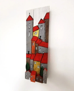 Dřevěný obrázek - Barevná vesnička plná radosti