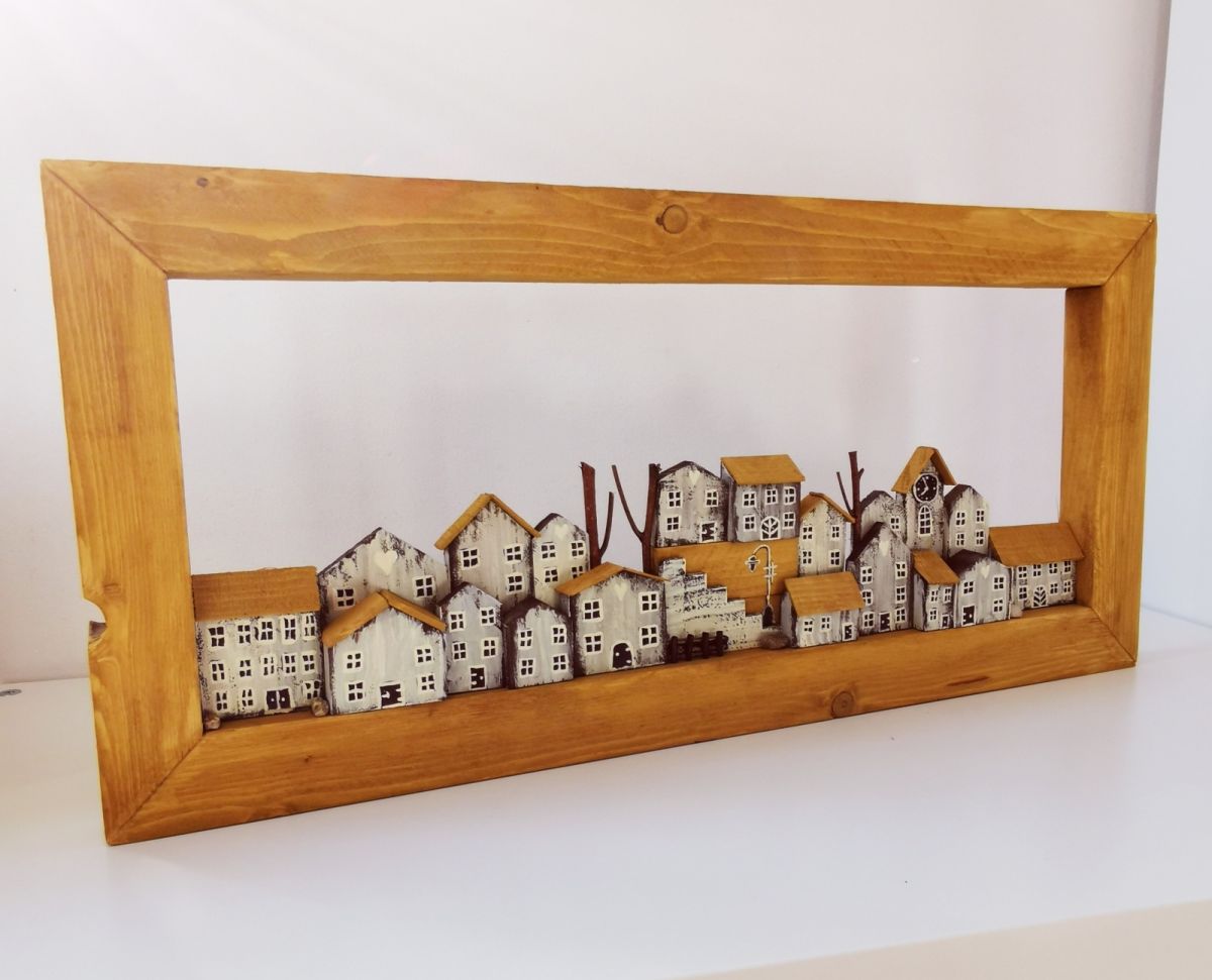Dřevěný obraz z domečků